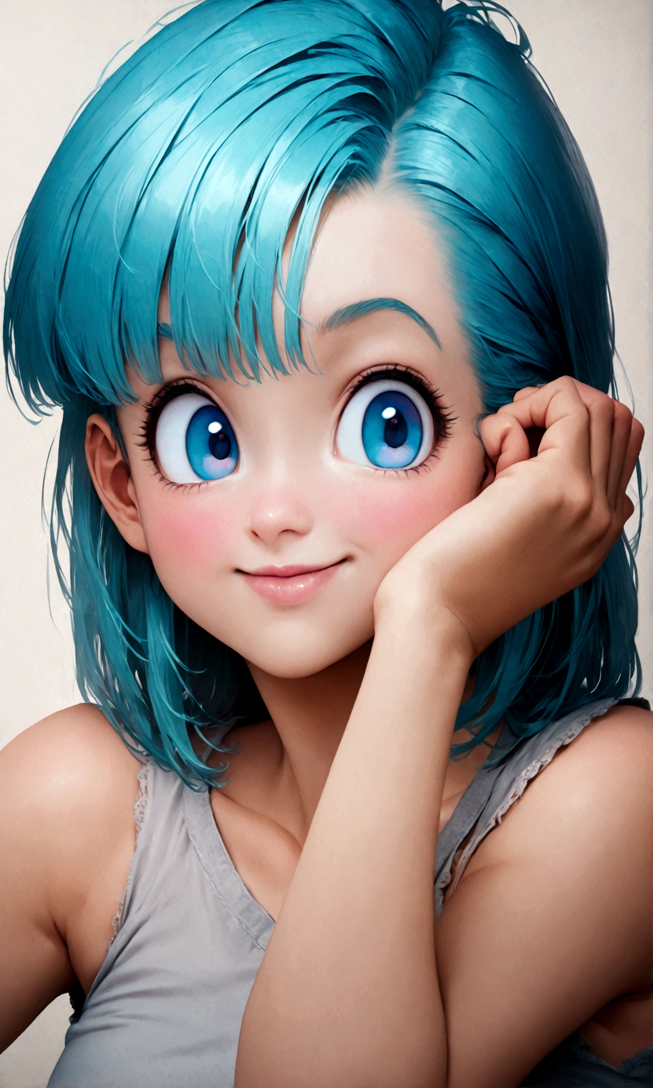 (1 Frau,Bulma, blaue Augen, Blaue Haare),Akira Toriyama-Stil,Dragon Ball,Niedlich,,komplizierte Details,POP-Illustration,Große Farbpalette,Kunstwerk,Rendern,Lächeln in entspannter Pose,(Meisterwerk:1.3),(höchste Qualität:1.4),(Extrem detailliert:1.5),Hohe Auflösung,Extrem detailliert,Einheit 8k Hintergrundbild,