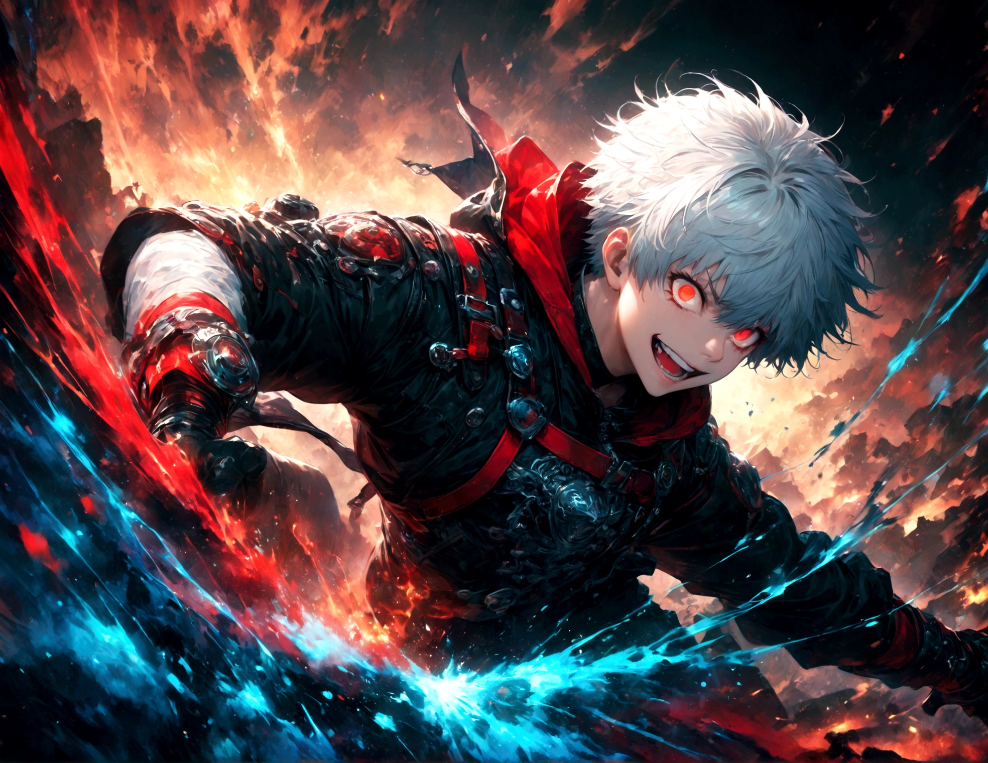 1 male,Kaneki,Tokyo Ghoul,,Sui Ishida's painting style,Intricate details,Use black and white as your main colors,Decadent,artwork,rendering,Dynamic Pose,(masterpiece:1.3),(highest quality:1.4),(ultra detailed:1.5),High resolution,extremely detailed,unity 8k wallpaper,Dark fantasy,Brush strokes,Glare,Battle Style,Crazy smile