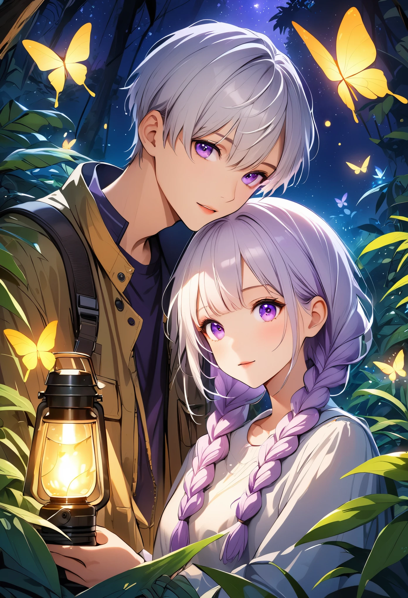 Vector illustration，A young couple，Explorer， Detection，Purple Eyes，girl，Purple Eyes，White hair-purple-long braids。 jungle，vegetation，lush，Photograph，night，firefly，Glowing Butterfly