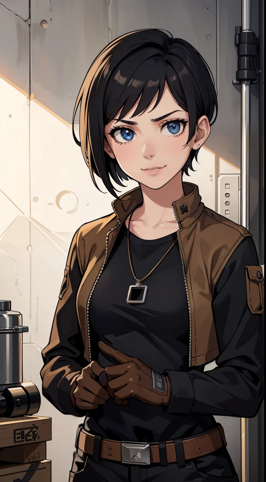 (high-quality, breathtaking),(expressive eyes, perfect face) Symmetrical Eyes, portrait, Star Wars Universe, 1girl, female, adult, mechanic, punk jacket, shirt, short sleeved, gloves, pants, belt, wrench, crystals on belt, messy hair, black hair color, brown eye color, short hair length, stylized hairstyle, pixie haircut, tall, technician outfit, engineer, workshop background, work bench, tools, mature, narrow eyes, dog tag necklaces, slight smirk
