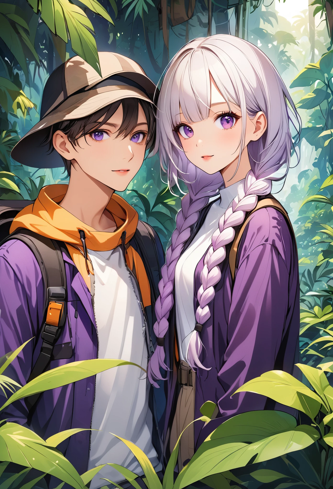 Vector illustration，A young couple，Explorer， Detection，Purple Eyes，girl，Purple Eyes，White hair-purple-long braids。 jungle，vegetation，lush，Photograph