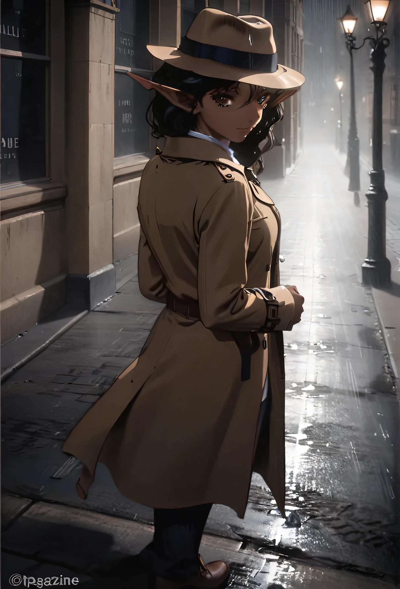 detailed illustration (side view),dynamic angle,ultra-detailed, illustration, pose for the camera, smiling at viewer, clean line art, shading, anime, 2020’s anime style, detailed eyes, detailed face, beautiful face standing on a sidewalk,

Noir Detective, trench coat, fedora hat, radio drama, pulp magazine character, long trench coat, hat, fedora hat, brown coat and matching hat, dark band on hat, 1940’s, ,Noir, beautiful woman, in a open trench coat, night, rain, brown shoulder length hair, brown eyes, hard boiled, female fatale vibes, noir, deep in thought, detective, plup magazine detective, noir vibe

Urban fantasy setting, dark elf, poited ears, elf, dark skin, tan skin,