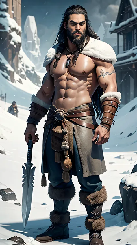 frostpunk, ((jason momoa)) as drogo, an east barbarian, long braid, long beard, naked torso, warm fur pants, warm boots, standin...