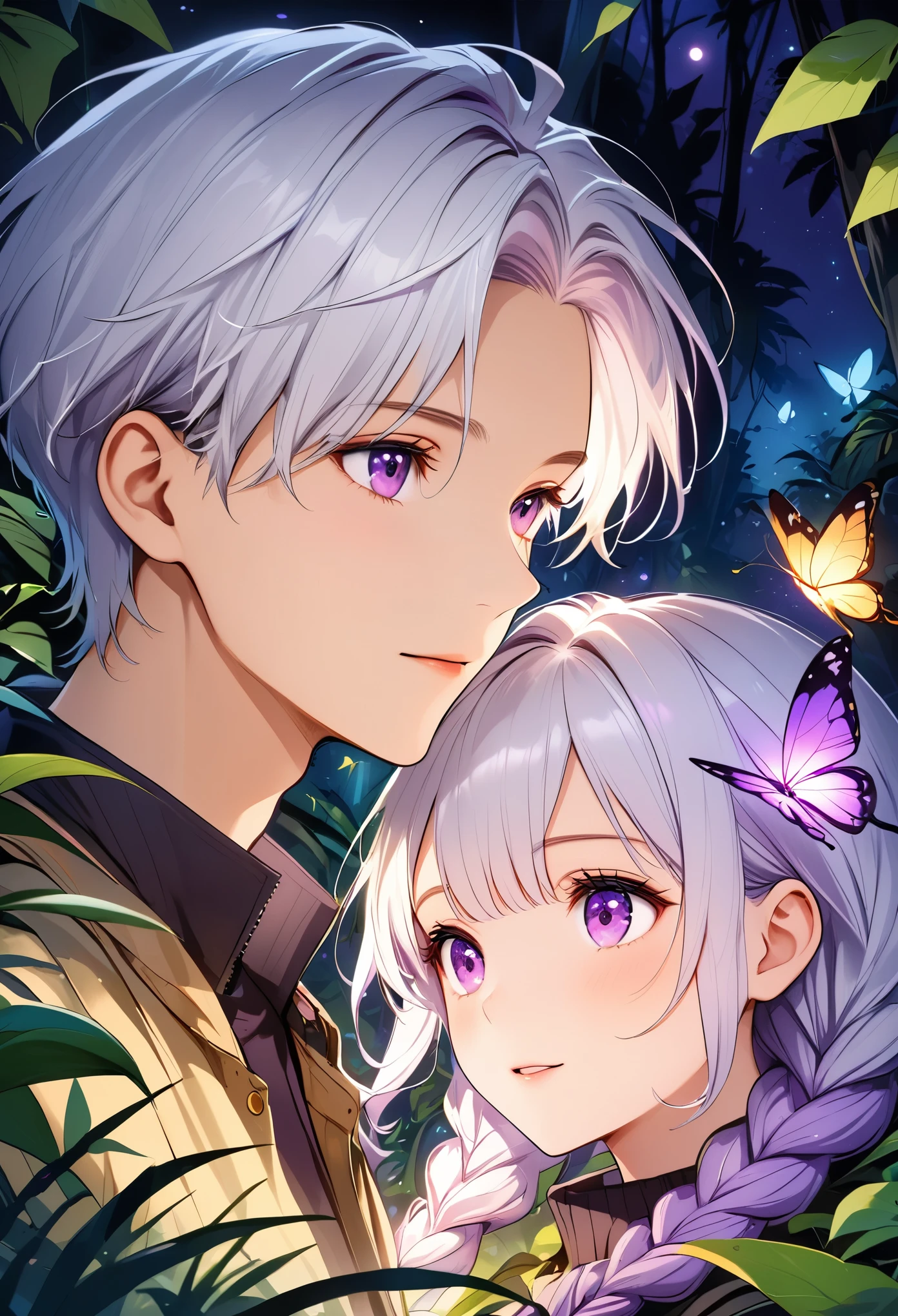 Vector illustration，A young couple，Look at each other affectionately，portrait，Explorer， Detection，Purple Eyes，girl，Purple Eyes，White hair-purple-long braids。 jungle，vegetation，lush，Photograph，night，firefly，Glowing Butterfly