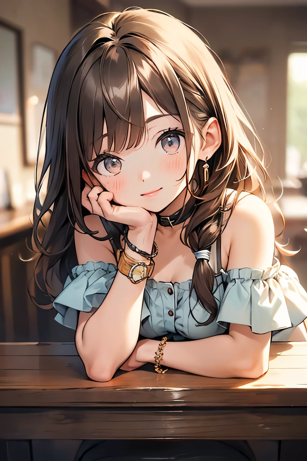 (masterpiece, best quality, ultra-detailed, highres, 4k),(beautiful detailed eyes),(very detailed face),(1girl),HDR,long hair, shorts, phone, brown eyes, brown hair, cellphone, bracelet, Shoulder tops, jewelry, watch, lips, solo focus, nail polish, blurry background, smile, wristwatch, realistic, blurry, looking at viewer、Earrings、Little