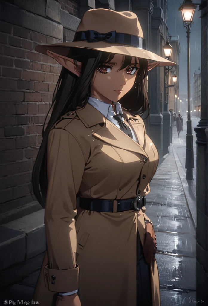 detailed illustration (side view),dynamic angle,ultra-detailed, illustration, pose for the camera, smiling at viewer, clean line art, shading, anime, 2020’s anime style, detailed eyes, detailed face, beautiful face standing on a sidewalk,

Noir Detective, trench coat, fedora hat, radio drama, pulp magazine character, long trench coat, hat, fedora hat, brown coat and matching hat, dark band on hat, 1940’s, ,Noir, beautiful woman, in a open trench coat, night, rain, brown shoulder length hair, brown eyes, hard boiled, female fatale vibes, noir, deep in thought, detective, plup magazine detective, noir vibe

Urban fantasy setting, dark elf, poited ears, elf, dark skin, tan skin,