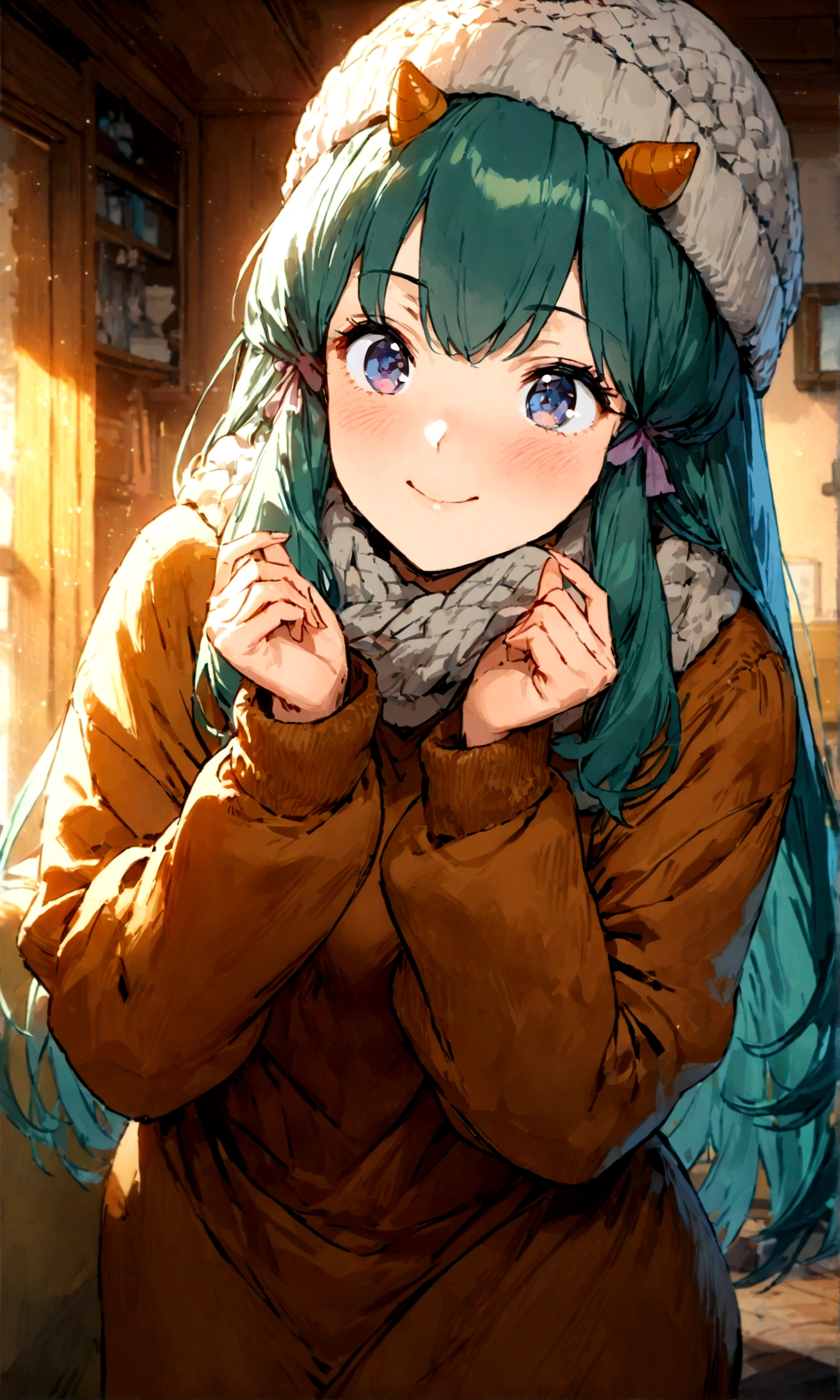 lum, solo, long hair, breasts, dark blue eyes, eyeshadow, dark green hair, bangs, tiny tiger-stripped horns, aqua hair, tsundere, a woman knitting a scarf in the living room, wearing a sweater and a ushanka hat, with a joyful and endearing expression on her face, (best quality,4k,8k, highres, masterpiece:1.2), ultra-detailed), warm lighting, cozy atmosphere, soft colors, intricate knitting details, comfortable home interior, detailed facial features, beautiful eyes and smile, joy face, tender emotion,
