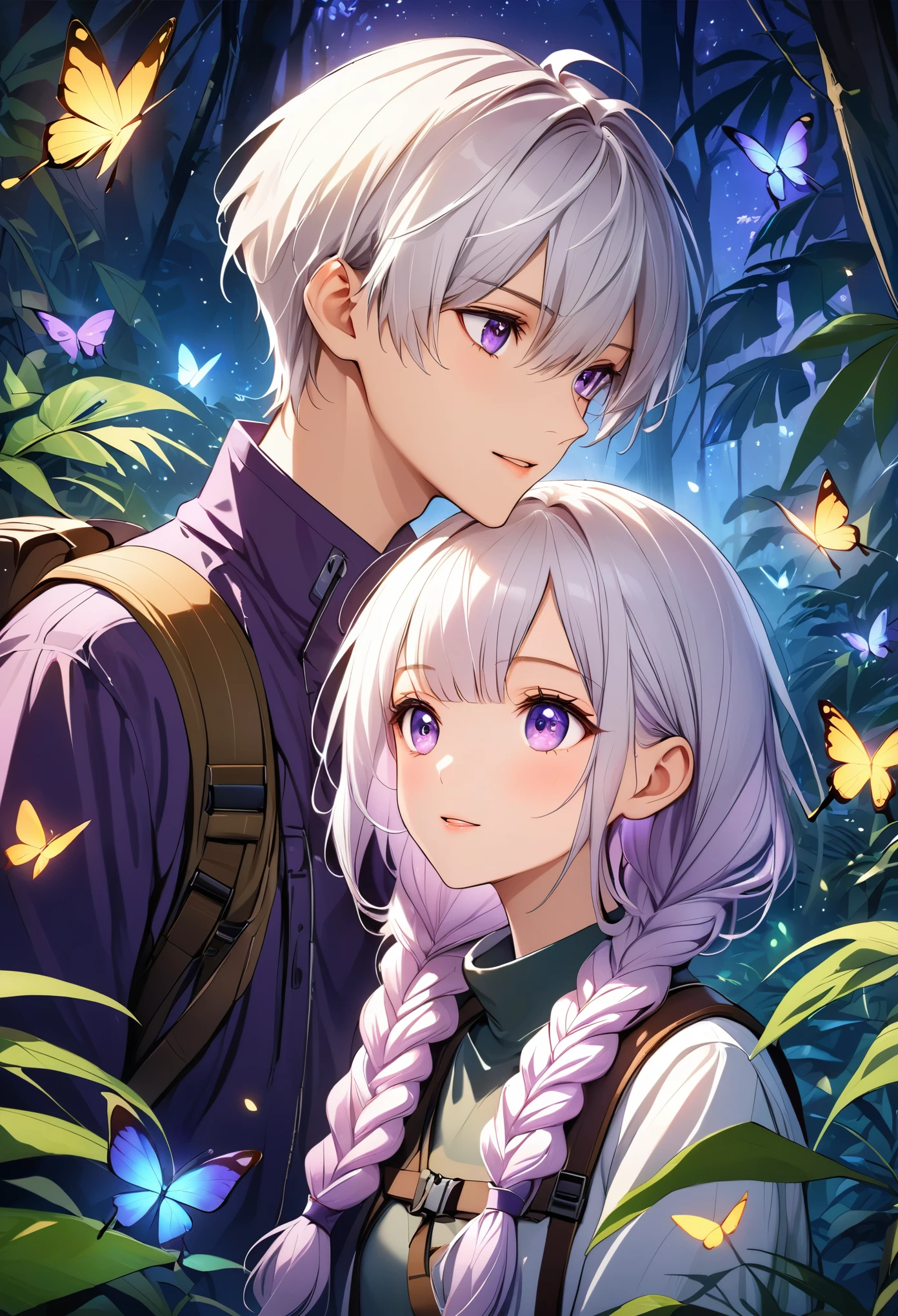 Vector illustration，A young couple，Look at each other affectionately，portrait，Explorer， Detection，Purple Eyes，girl，Purple Eyes，White hair-purple-long braids。 jungle，vegetation，lush，Photograph，night，firefly，Glowing Butterfly