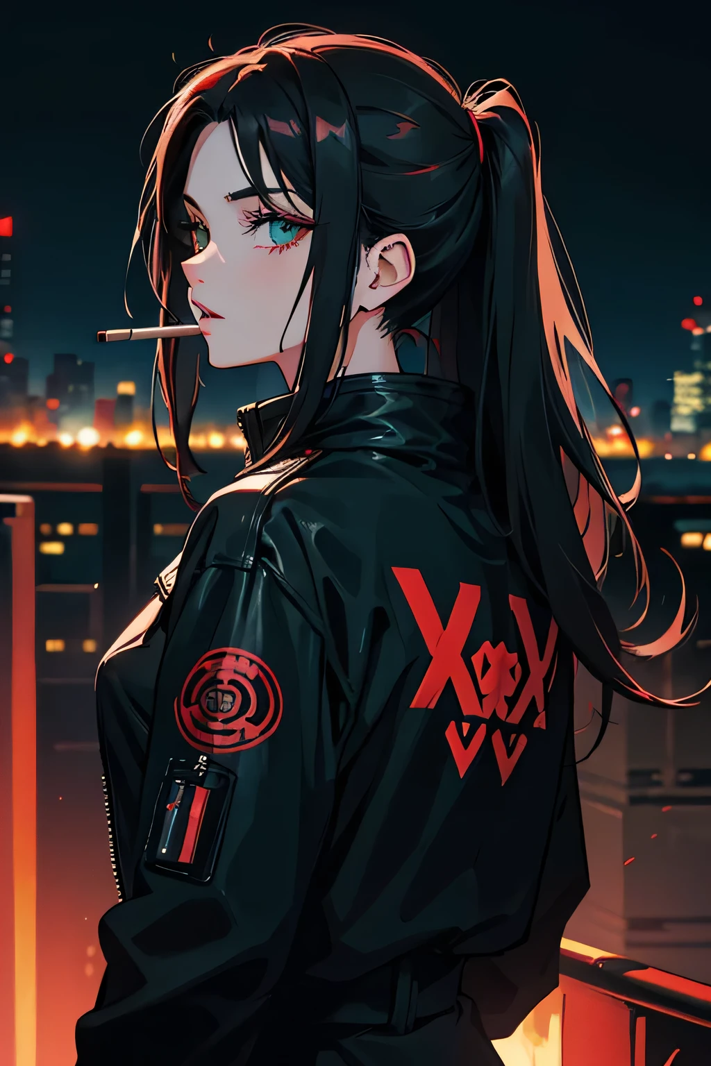 Detailed eye, Cyberpunk girl style, 19 years, dark hair, red strand of hair, dark green eyes "smokes a cigarette" ((Blacked Out Filter)) black jacket, back turned