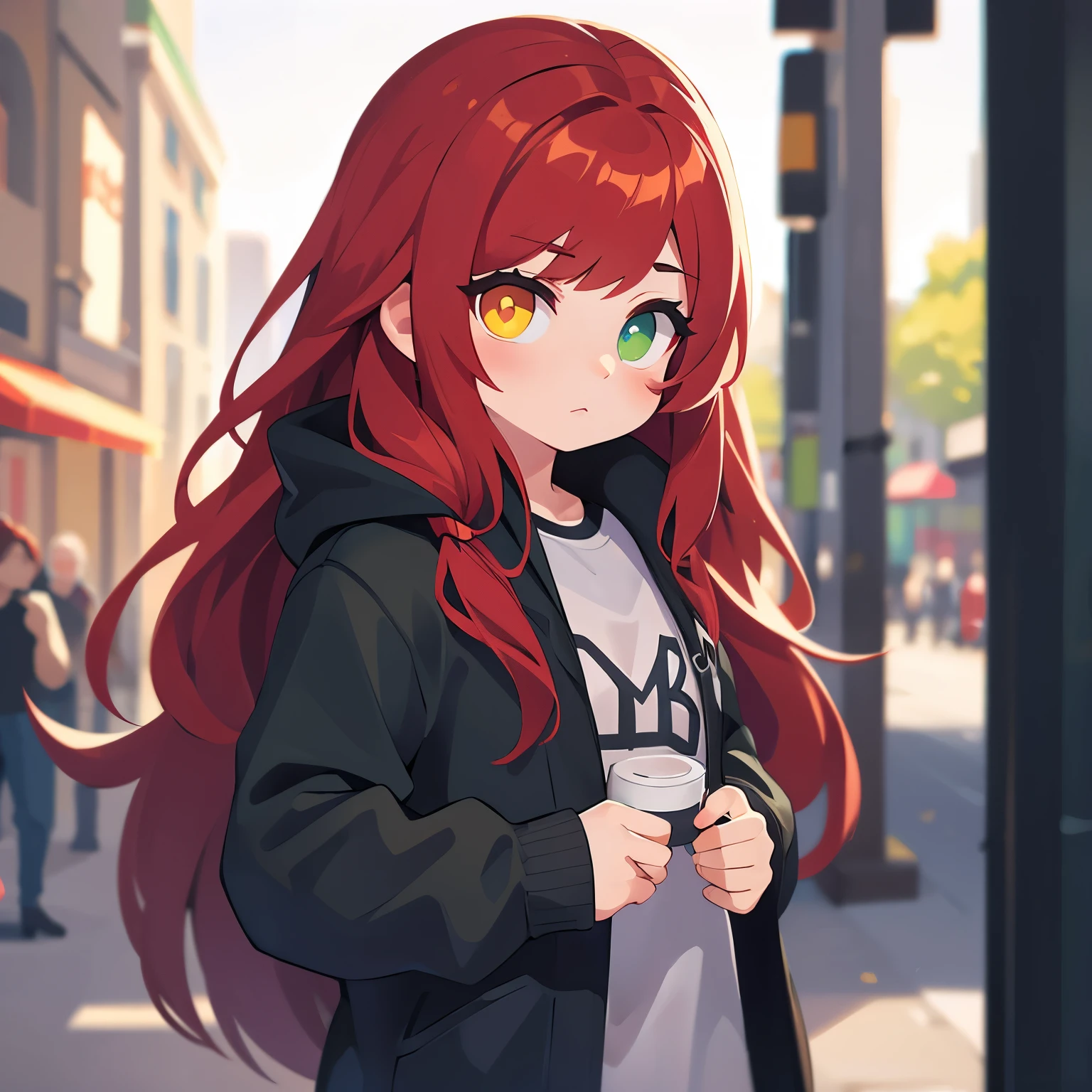 Girl, red hair, long hair, gray clothing, heterochromia, green eye, yellow eye, photorealistic 