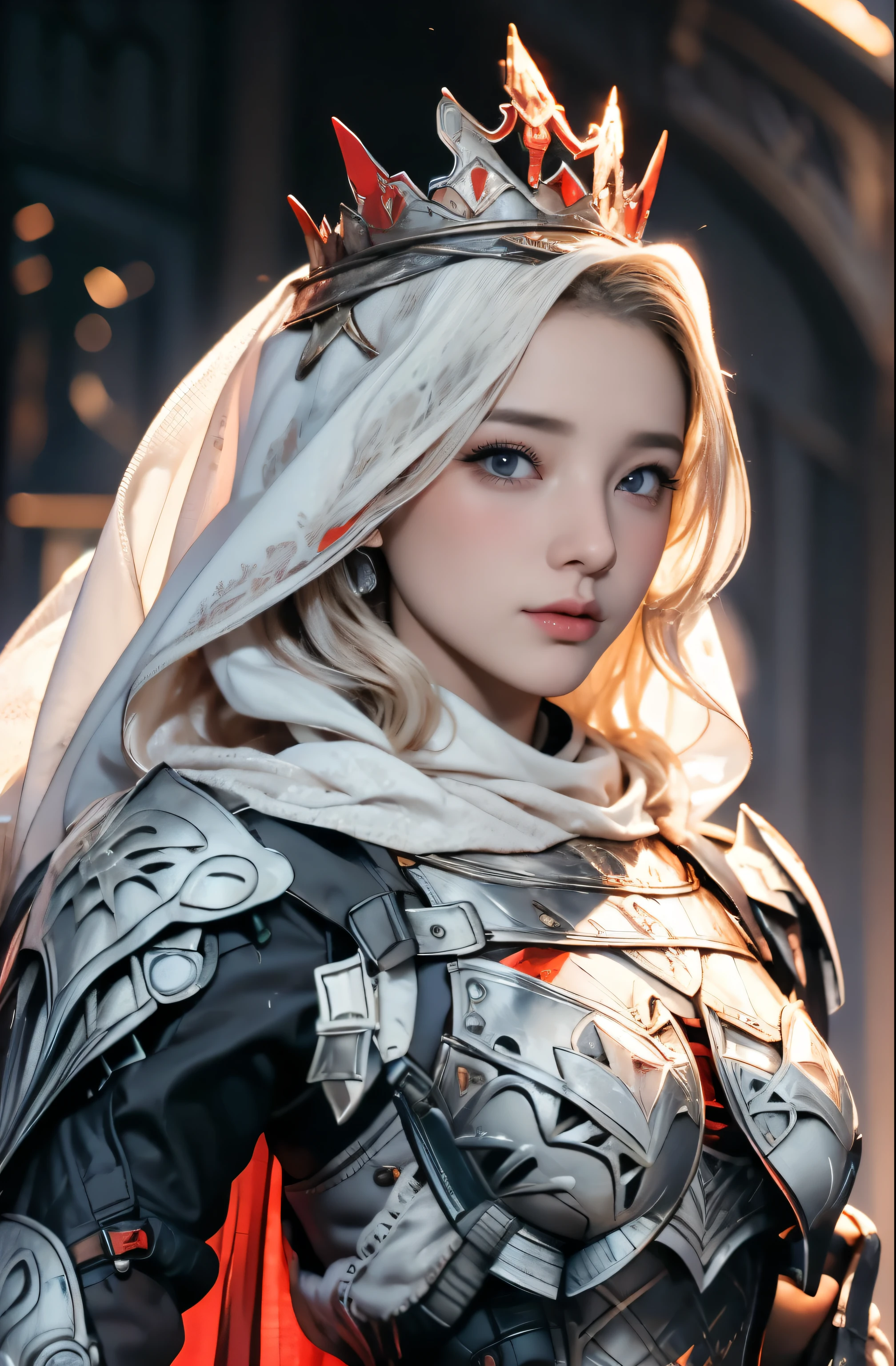 Elegant armor,princess, Full body, wearing a hijab , crown luxury , blue eye, blond hair, around 17 years old, (red silver hijab), tmasterpiece，Best quality at best，A high resolution，8K，((Portrait))，(upper body)，Original photo，real photograph，digital photography, elegant princess ，blue eye， super colossal brest, pointy colossal breast extravagant ornament，cparted lips，Keep your mouth shuegant and charming，((Blushing))，virgin content，Calm and handsome，luxury body armor ((red and silver armor)) , (Medieval fantasy armor, The Beautiful pointy breast, small waist, perfect colossal breast of princess body )oc render reflection texture, elegant style,   colossal breast , medieval castle background, slim body, very small waist, (luxury armor pattern) , super slim ,beautiful like angel 