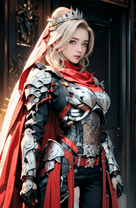 Elegant armor,princess, Full body, wearing a hijab , crown luxury , blue eye, blond hair, around 17 years old, (red silver hijab...