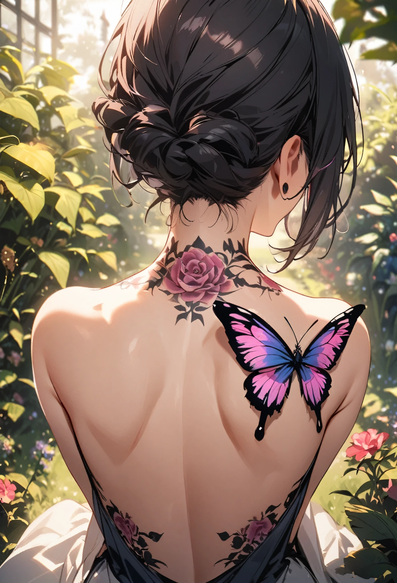 in garden, from behind, 1girl, focus on back, (Back butterfly Tattoo)