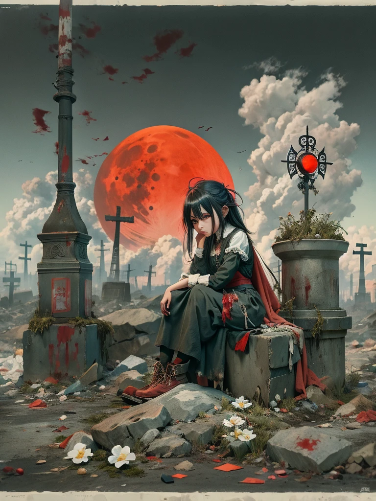 wasteland，Very poor maid sitting on a stone thinking，Thinker，Hand on cheek，(Sitting:1.2)，tattered，穿着tattered不堪的红色女仆服装，The skyline in the distance，Gothic，moss，A small white flower，Cemetery，Gothic教堂，Blood red moon，Gothic元素，wildfires，cold，gloomy