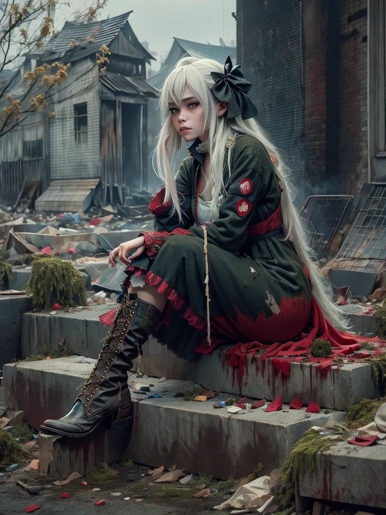 wasteland，Very poor maid sitting on a stone thinking，Thinker，Hand on cheek，(Sitting:1.2)，tattered，Wearing a tattered red maid costume，The skyline in the distance，Gothic，moss，A small white flower，Cemetery，Gothic Church，Blood red moon，Gothic Elements，wildfires，cold，gloomy