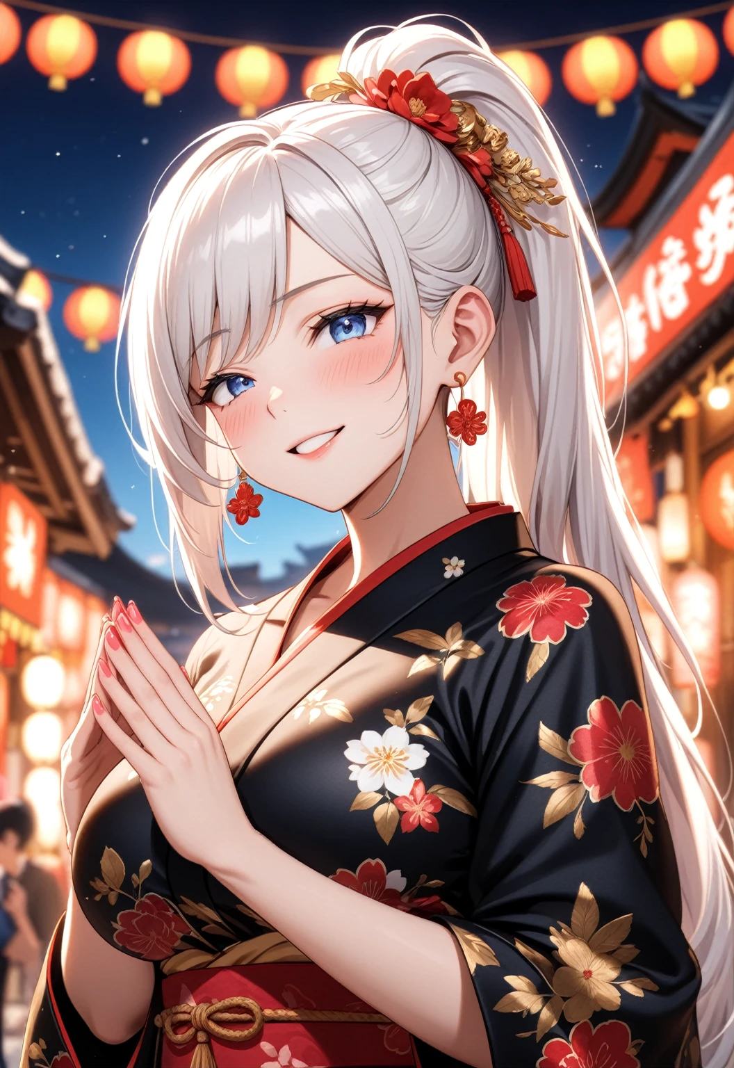 ((One person woman)), Beautiful Face,Laugh shyly,((Wink:1.9)),Laughing with your mouth open,turn bright red,Glossy pink lips,night,Shrine festival stalls,((Anime style background)),masterpiece, highest quality, so beautiful, up to date, Complex details, (Pink long nails),AI-generated, Complex,High resolution, highest quality, super high quality,3D Images、View your audience、3D Images,one person,Long white hair,High Ponytail,Blue eyes,Anime woman posing for a photo, [[Fine grain、Colorful eyes、Shining Eyes:1.15]],(Squint your eyes:1.1),a hyperRealistic , hyperRealistic , Realistic,Long haired white haired anime woman, Smooth anime CG art, A woman in a colorful kimono with gold embroidery, (Black kimono),Red floral pattern,Long flower hair ornament,Big earrings,(Big Breasts:1.1),Mature Body,tall,BIG ASS,Fine details,Tight waist,Abdominal muscles,(Face close-up:1.5),Tilt your face,Shooting from an angle,Praying with hands together,