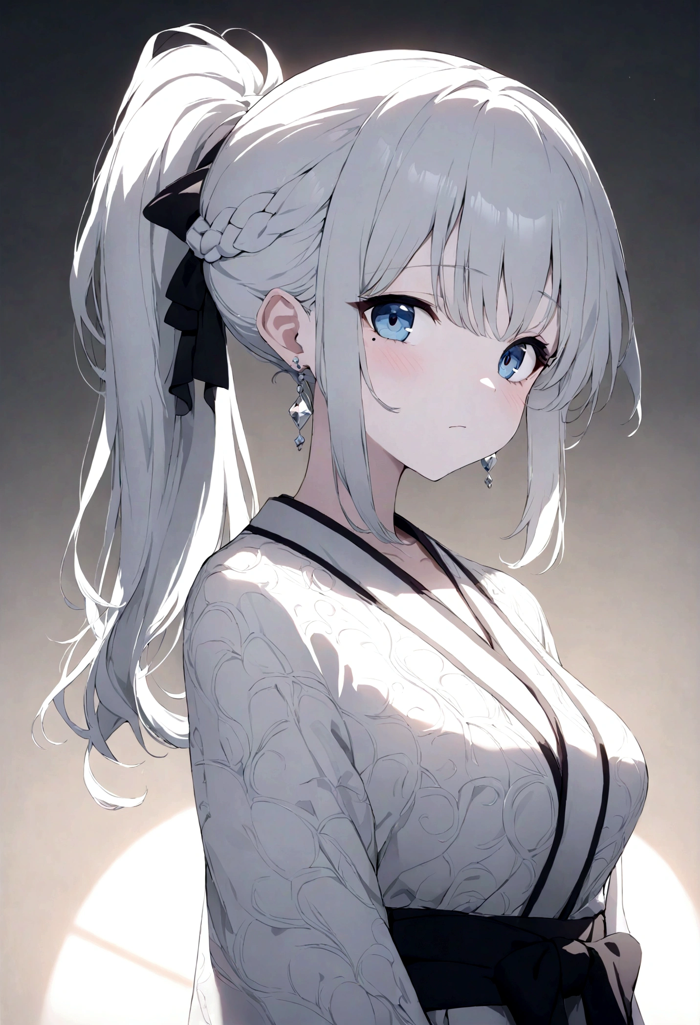 (best quality, masterpiece:1.2), Ultra-high resolution, Practical, Front lighting, Intricate details, Exquisite details and textures, 1 Girl, Solitary ,(young), Face highlights, Upper Body, Delicate face, Tear mole, White skin, Silver Hair, Ponytail, Braided hair, looking at the audience, big eyes, silk robe, (Hollow pattern, White, silk), earrings, Small Breasts, slim, Luxury rooms, Professional lighting, Photon Mapping, Radiosity, Physically Based Rendering,