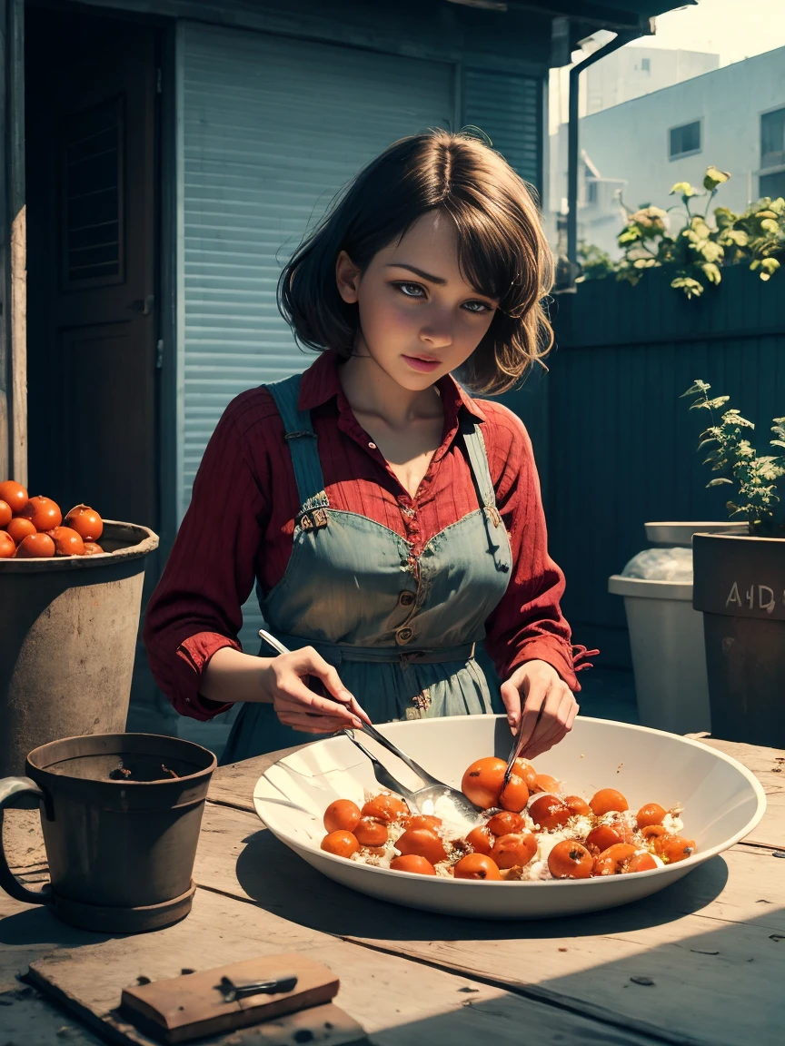 1920s，A very poor red-haired Victorian domestic worker, In the backyard of a small Victorian working class apartment，Wearing a tattered red maid costume，She ate a ripe, juicy tomato，While tending to the vegetable garden, Extremely detailed and complex, Bokeh, Shallow and deep, Don Lawrence realistic color comic scene style, Low profile, Octane Rendering, Octane Lighting