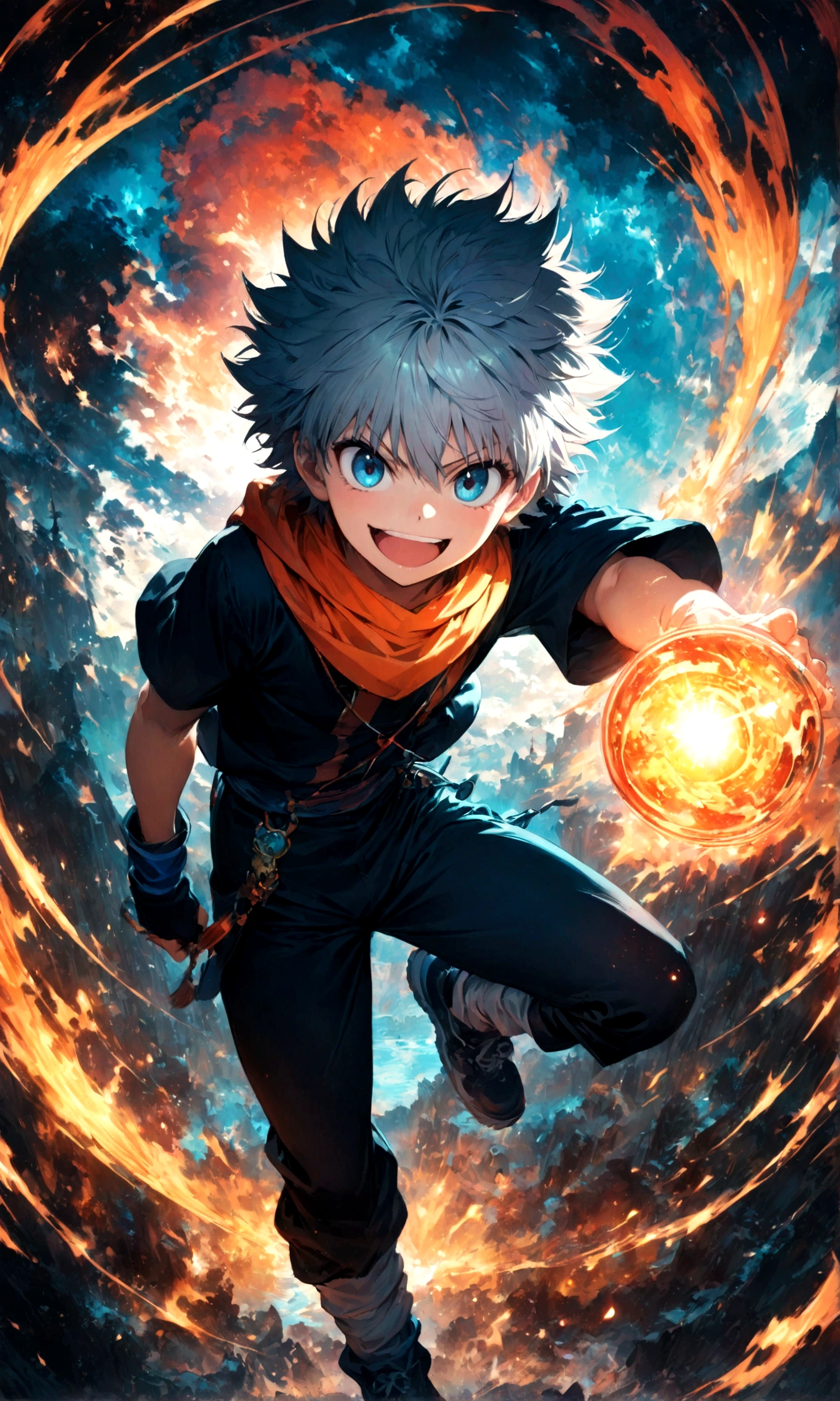 1 teenager,Killua,Hunter x Hunter,Killuaの衣装,Yo-yo,Sui Ishida's painting style,Intricate details,Use black and white as your main colors,Decadent,artwork,rendering,Dynamic Pose,(masterpiece:1.3),(highest quality:1.4),(ultra detailed:1.5),High resolution,extremely detailed,unity 8k wallpaper,Dark fantasy,Brush strokes,Glare,Battle Style,Crazy smile