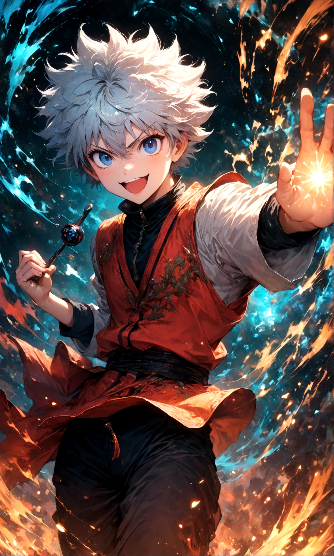 1 teenager,Killua,Hunter x Hunter,Killuaの衣装,Yo-yo,Sui Ishida's painting style,Intricate details,Use black and white as your main colors,Decadent,artwork,rendering,Dynamic Pose,(masterpiece:1.3),(highest quality:1.4),(ultra detailed:1.5),High resolution,extremely detailed,unity 8k wallpaper,Dark fantasy,Brush strokes,Glare,Battle Style,Crazy smile