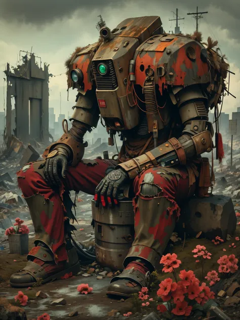 wasteland，A very poor old mech sitting on a rock thinking，Thinker，Hand on cheek，(Sitting:1.2)，rust，Wearing tattered red armor，Th...