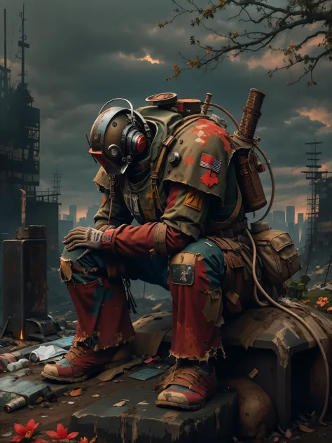 wasteland，A very poor old mech sitting on a rock thinking，Thinker，Hand on cheek，(Sitting:1.2)，rust，Wearing tattered red armor，Th...