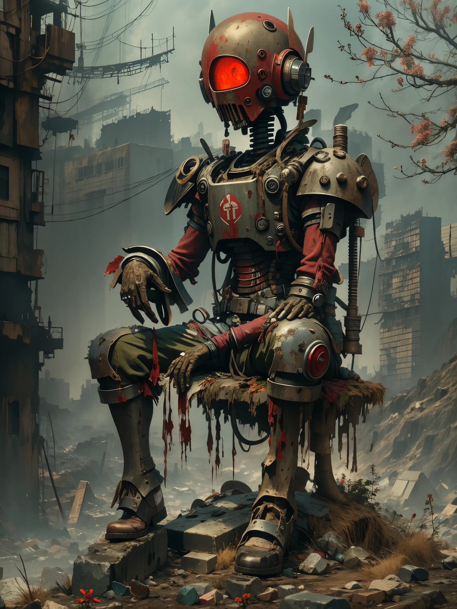 wasteland，A very poor old mech sitting on a rock thinking，Thinker，Hand on cheek，(Sitting:1.2)，rust，Wearing tattered red armor，The skyline in the distance，Gothic，moss，A small white flower，Cemetery，Gothic教堂，Blood red moon，Gothic元素，wildfires，cold，gloomy