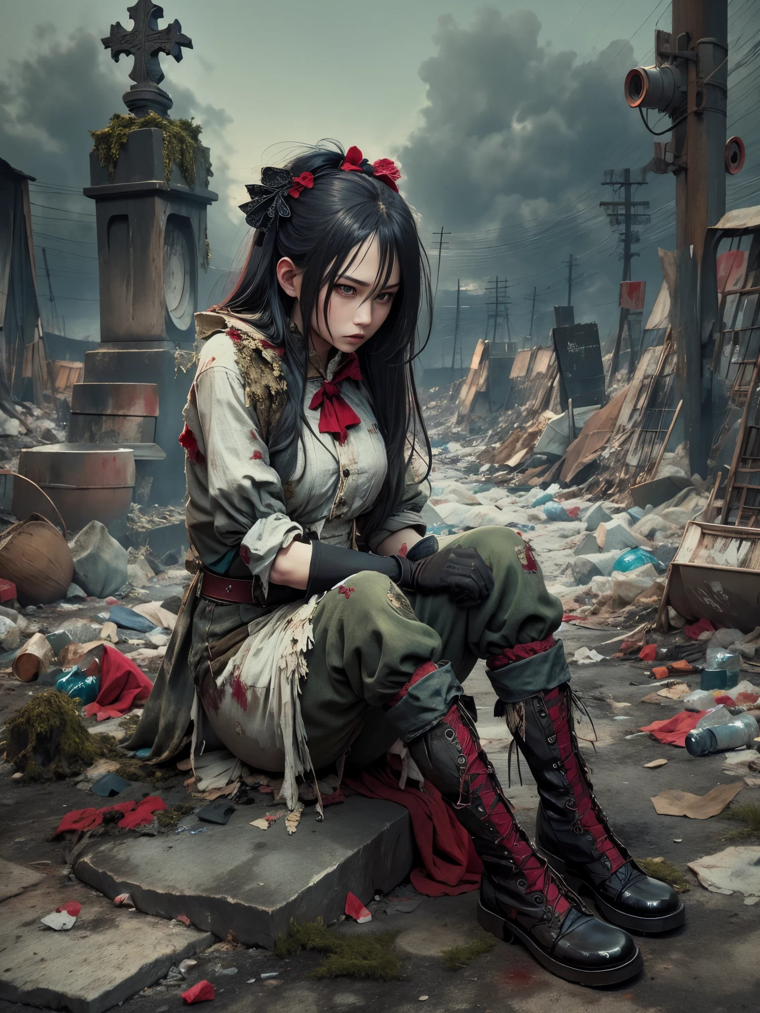 wasteland，Very poor maid sitting on a stone thinking，Thinker，Hand on cheek，(Sitting:1.2)，tattered，Wearing a tattered red maid costume，The skyline in the distance，Gothic，moss，A small white flower，Cemetery，Gothic Church，Blood red moon，Gothic Elements，wildfires，cold，gloomy