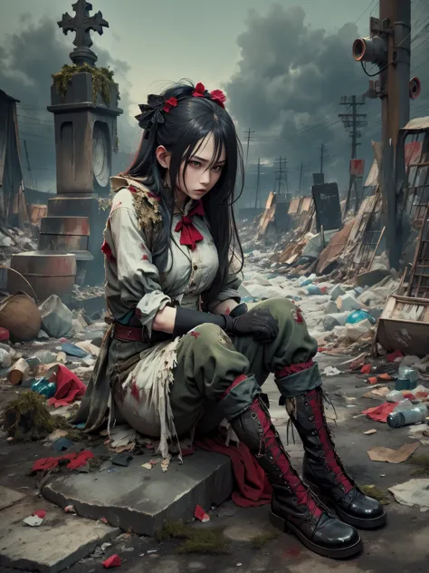 wasteland，Very poor maid sitting on a stone thinking，Thinker，Hand on cheek，(Sitting:1.2)，tattered，穿着tattered不堪的红色女仆服装，The skylin...