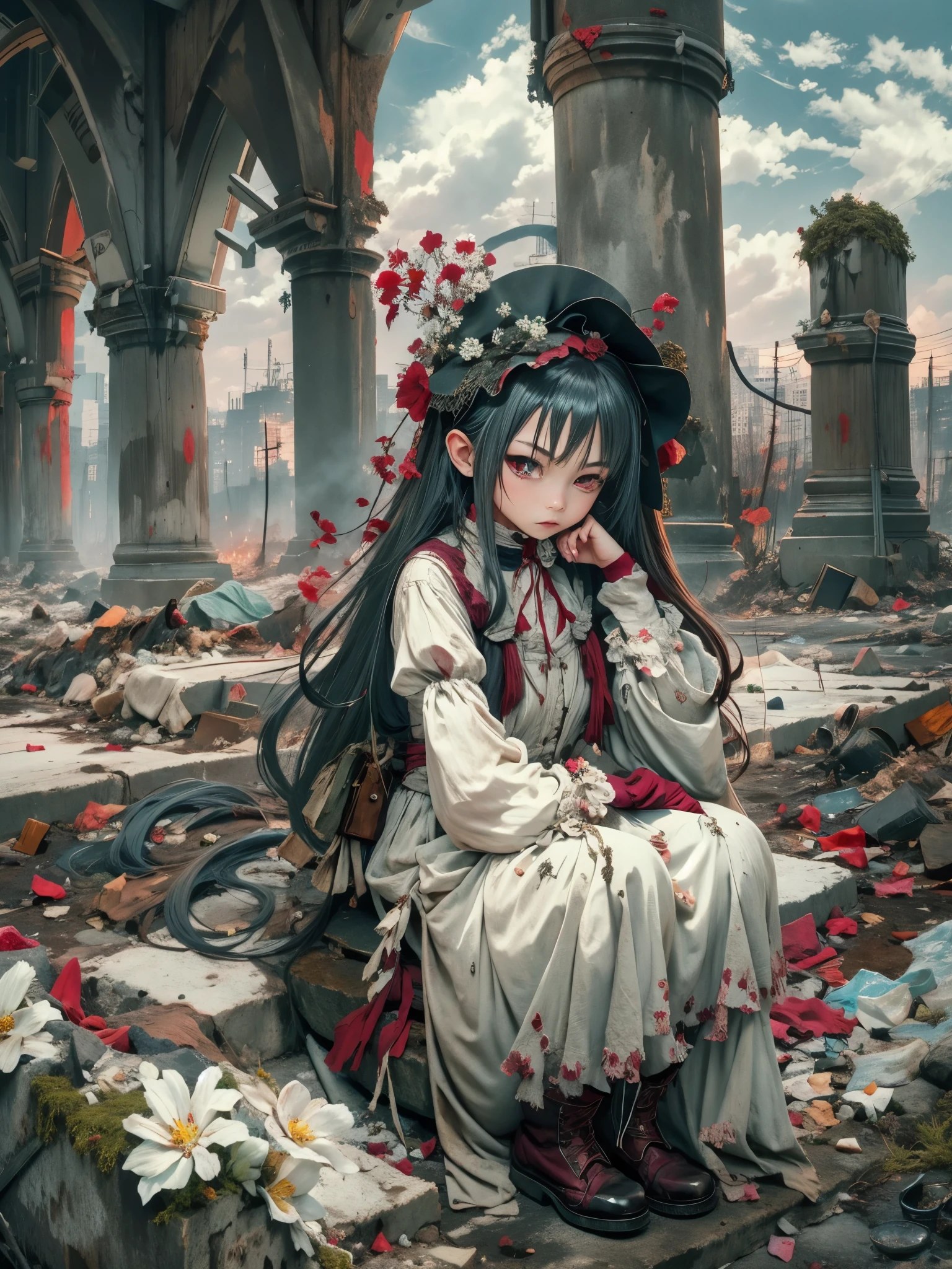 wasteland，Very poor maid sitting on a stone thinking，Thinker，Hand on cheek，(Sitting:1.2)，tattered，穿着tattered不堪的红色女仆服装，The skyline in the distance，Gothic，moss，A small white flower，Cemetery，Gothic教堂，Blood red moon，Gothic元素，wildfires，cold，gloomy