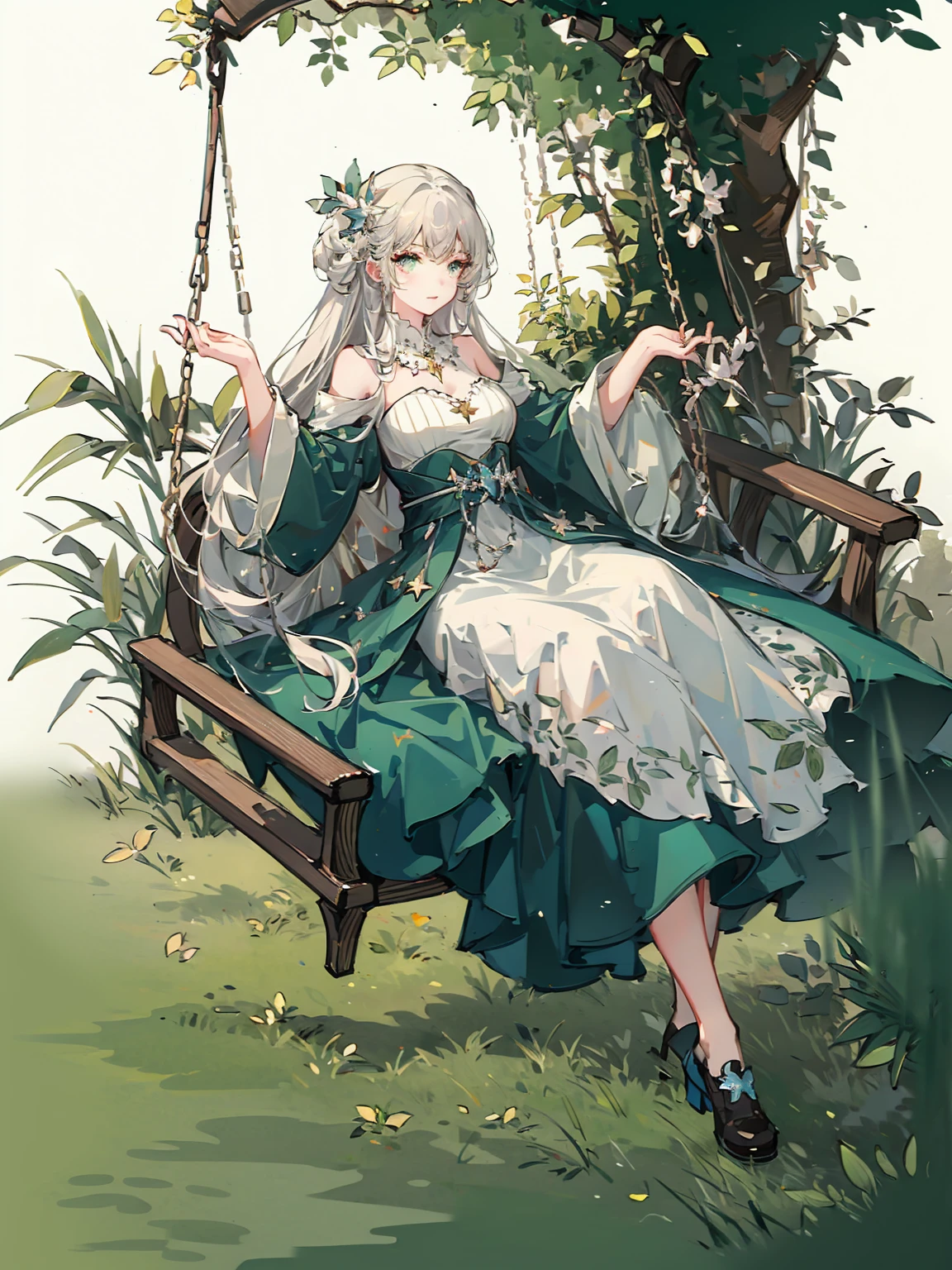 drawing a girl in a pastel dress riding a swing in the air, 1girl, solo, dress,starlight, star, swinging, long hair, emerald eyes, long sleeve, bare shoulders, long dress, fantasy drawings