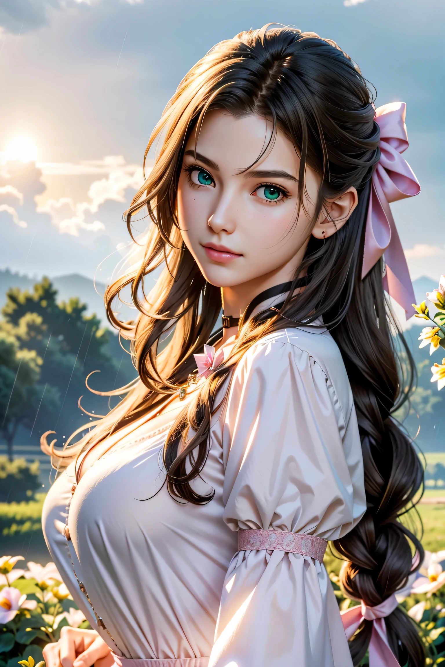 (masterpiece, 最high quality)
Aeris FF7, 1 Girl, alone, Long Hair, bangs, Brown Hair, dress, bow, ribbon, jewelry, Closed Mouth, Green Eyes, Red jacket, hair pink ribbon, Upper Body, Braid, hair bow, Side Lock, choker, necklace, lips, parted bangs, pink bow, Portraiture, Pink dress,  Photorealistic,Ultra HD,high quality,masterpiece,Digital SLR,Detailed details,Intricate details,Anatomical basis,Depicted in detail,A detailed face,Realistic skin texture,Vivid details,Perfect Anatomy,Perfect Anatomy,Anatomically correct hand,Anatomically correct fingers,Super Detail,Complex 3D rendering,Huge ,Sexy pose,Beautiful morning glory(flower),Rainy Sky,Beautiful scenery,Fantastic rainy sky,Picturesque,Pink Lips,smile,Fantastic butterflies々,
