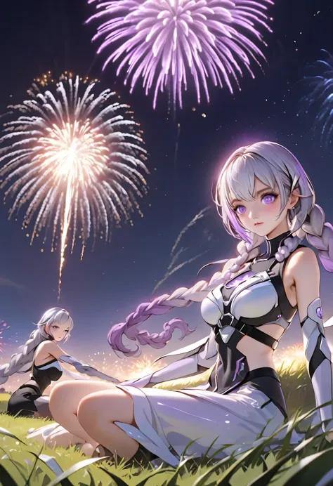 (Very detailed CG unified 16k wallpaper:1.1), (Denoising Strength: 1.45), Two girls sitting on the grass watching fireworks，1gir...