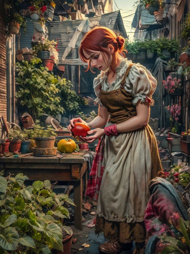 1920s，A very poor red-haired Victorian domestic worker, In the backyard of a small Victorian working class apartment，Wearing a tattered red maid costume，She ate a ripe, juicy tomato，While tending to the vegetable garden, Extremely detailed and complex, Bokeh, Shallow and deep, Don Lawrence realistic color comic scene style, Low profile, Octane Rendering, Octane Lighting, 1lldw1