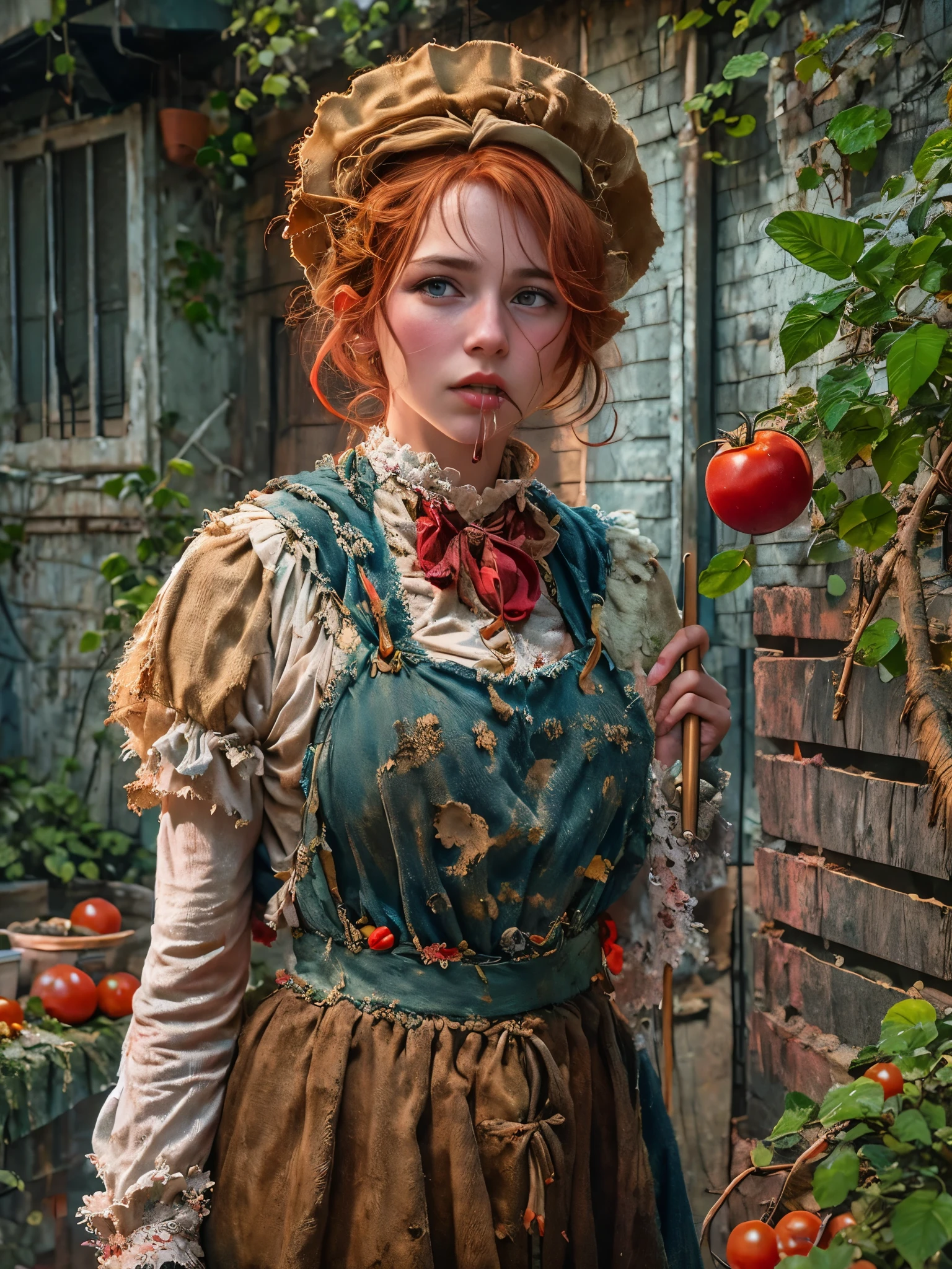 1920s，A very poor red-haired Victorian domestic worker, In the backyard of a small Victorian working class apartment，Wearing a tattered red maid costume，She ate a ripe, juicy tomato，While tending to the vegetable garden, Extremely detailed and complex, Bokeh, Shallow and deep, Don Lawrence realistic color comic scene style, Low profile, Octane Rendering, Octane Lighting, 1lldw1