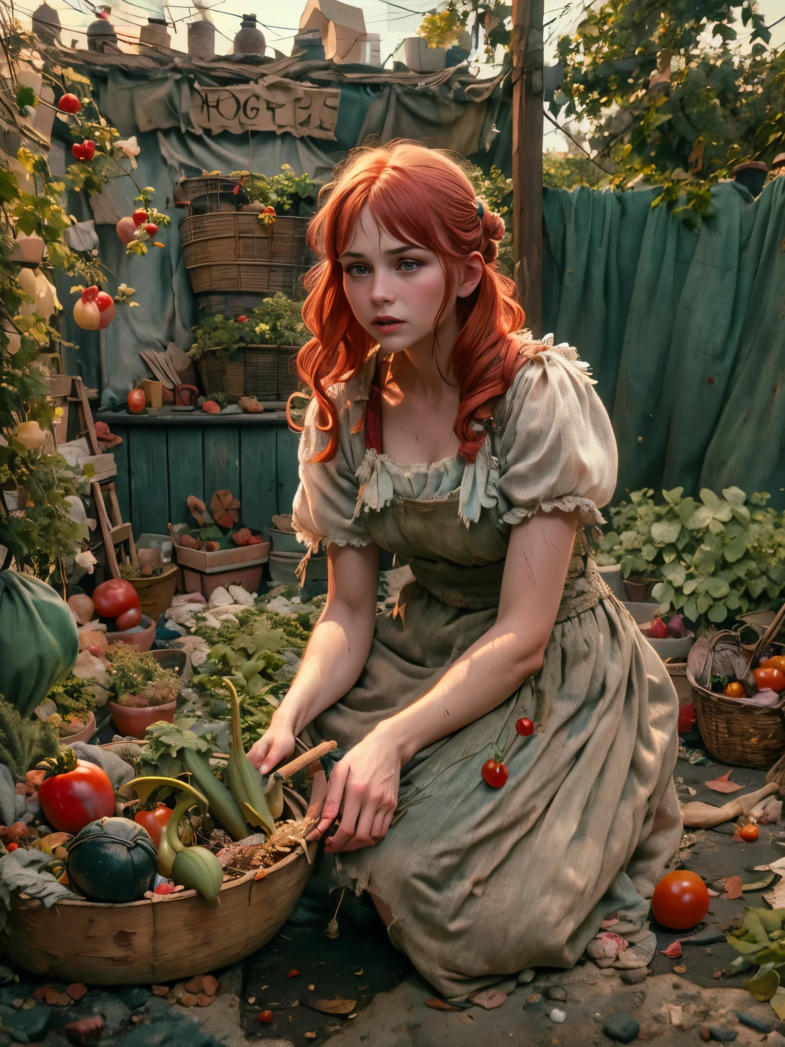 années 1920，Une très pauvre employée de maison victorienne aux cheveux roux, Dans la cour d’un petit appartement victorien de la classe ouvrière，Porter un costume de servante rouge en lambeaux，Elle a mangé un mûr, tomate juteuse，Tout en m&#39;occupant du potager, Extrêmement détaillé et complexe, bokeh, Peu profond et profond, Style de scène de bande dessinée couleur réaliste de Don Lawrence, Profile bas, Rendu d&#39;octane, Éclairage octane, 1lldw1