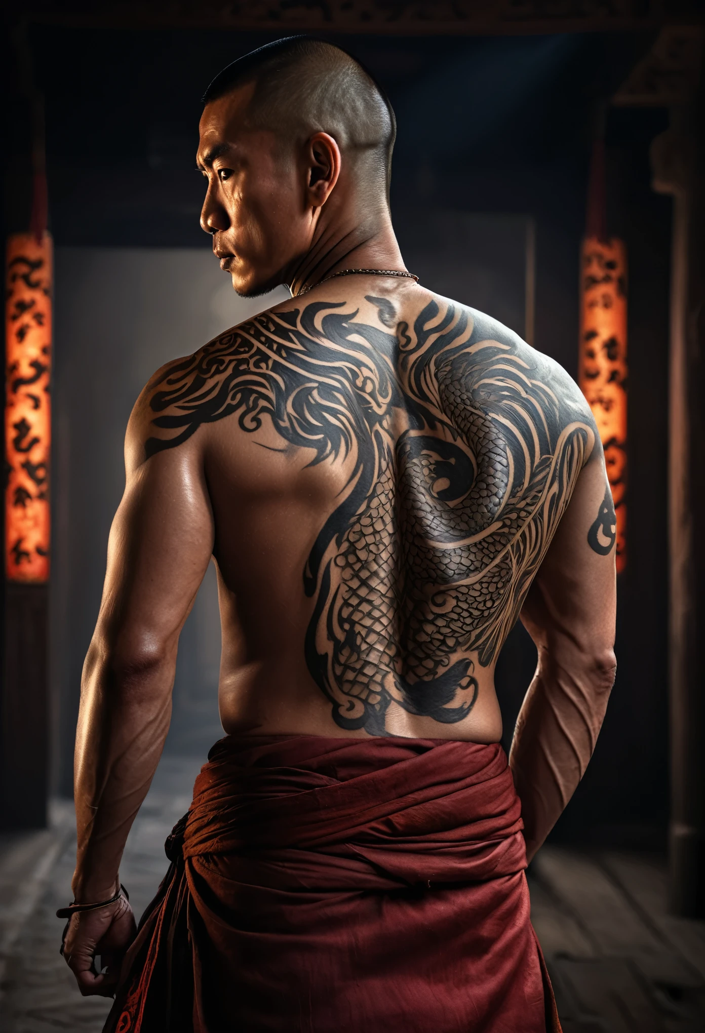 a muscular monk with a Chinese dragon tattoo on his back, looking over his shoulder, hyperrealistic, highly detailed, dramatic lighting, cinematic composition, realistic skin texture, powerful, intimidating, mystical, spiritual, fantasy