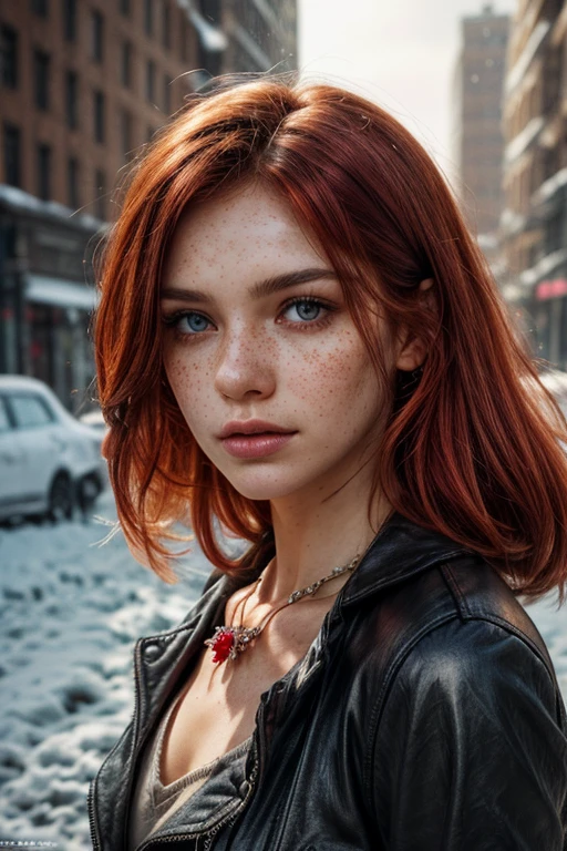 realistic photography, close-up of a beautiful woman with freckles and , headshot , 25 years, focus on the eyes, 50 мм f1.4, red hair in the wind, HDR-шедевр,dramatic lighting, Epic, cyber dress, flower in hair, light snow, post-apocalyptic city, Epic necklace