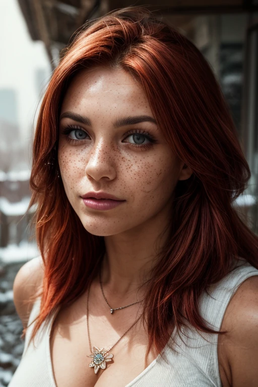 realistic photography, close-up of a beautiful woman with freckles and , headshot , 25 years, focus on the eyes, 50 мм f1.4, red hair in the wind, HDR-шедевр,dramatic lighting, Epic, cyber dress, flower in hair, light snow, post-apocalyptic city, Epic necklace