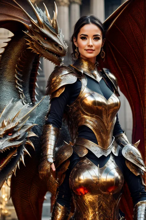 best quality, 8k, highly detailed face and skin texture, high resolution, sexy woman in armor stand with dragon in front of the ...