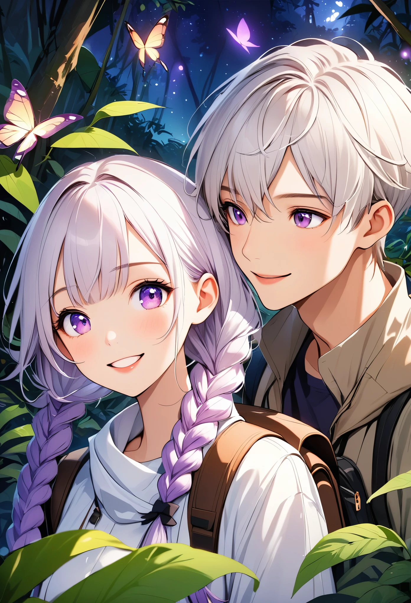 Vector illustration，A young couple，Look at each other affectionately，happy，portrait，Explorer， Backpack，Detection，Purple Eyes，girl，Purple Eyes，White hair-purple-long braids。 jungle，vegetation，lush，Photograph，night，firefly，Glowing Butterfly