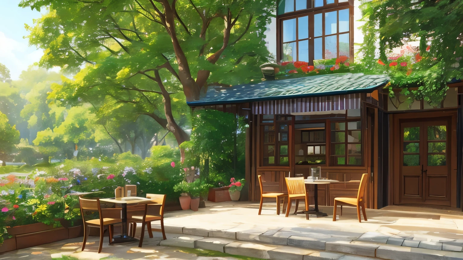 A European-style cafe surrounded by greenery and bright sunlight during the day。A cup of steaming coffee and a book are placed on the table。A cat is passing by。Size is 16:9 please。