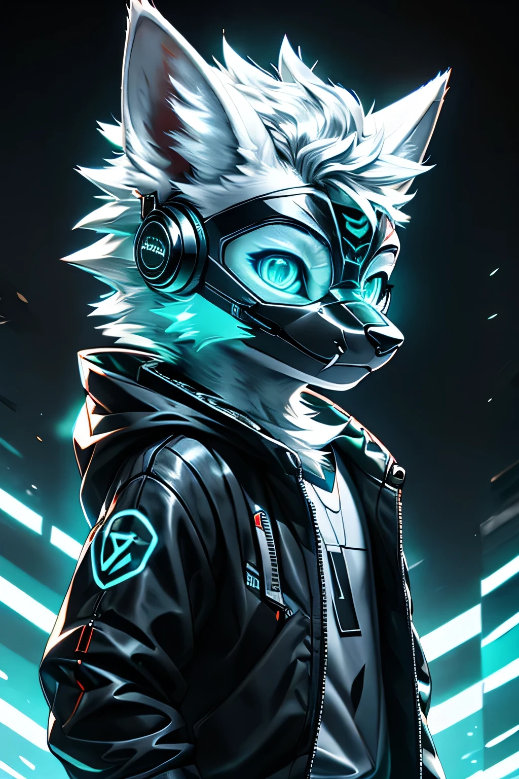 Young werewolf, white fur, wearing a black jacket with neon details, sporting a cybernetic mask, with gamer headphones, profile picture, Close-up on the facehigh quality, digital art, drawing, HD 4k fotorealistisch, ((clear structural details)), Meticulous and realistic, Detailed eyes, (Turquoise blue pupils), ((Silvery-white glowing eyes)), Evil smile, Smile, slenderness, soft, 4K, Excellent quality, high detal, Detailed fur, ((The tail is in the right place) ，Light blue shirt。Two ears，Yellow Hair，whole body，Standing
