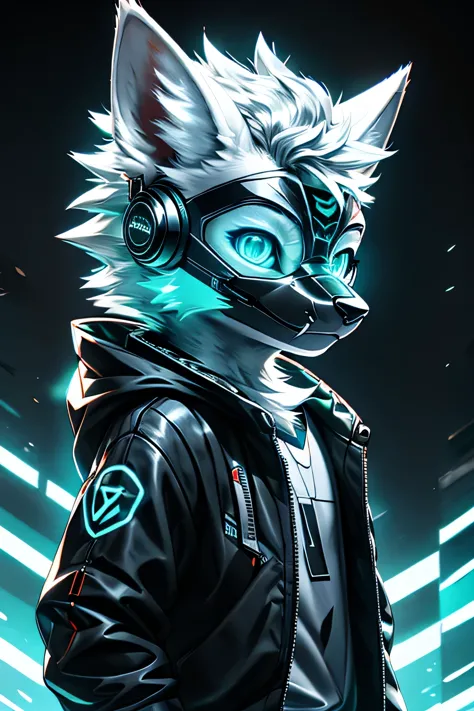 young werewolf, white fur, wearing a black jacket with neon details, sporting a cybernetic mask, with gamer headphones, profile ...