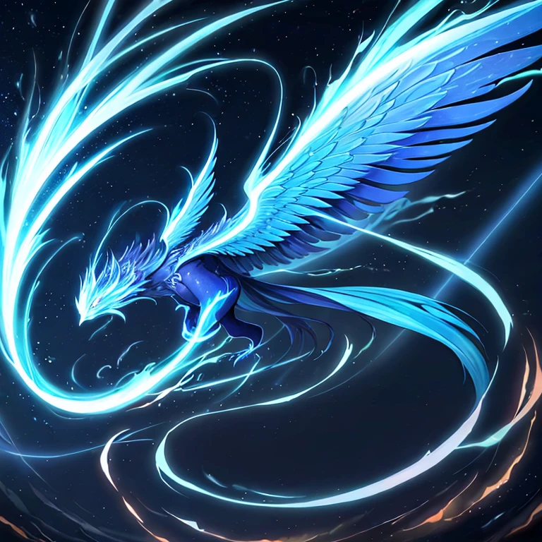 1 large translucent electric energy phoenix bird,(azul) en un cielo tormentoso oscuro con muchos rayos, Hermoso, obra maestra, mejor calidad, perfect lighting