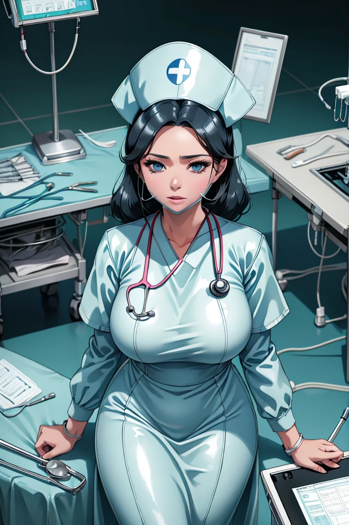 nurse uniform,hospital, latex nurse suit,nurses,busty,elbow gloves,labcoat,black hair woman,blue eyes , gigantic ,medical instruments,asian nurse,two nurses,speculum,examination room,oversize ,big ass ,strap on, lay on table ,legs spreaded,giving birth,gyno chair , dentist,Milf,latex,grey uniform,oversize breasts