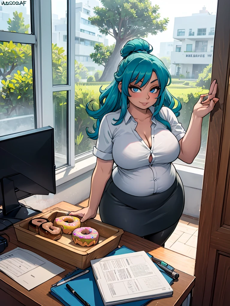 high_aesthetic,art by Lazorchef, ((Masterpiece, best quality, perfect lighting, amazing shading)), perfect anatomy, field of depth, extremely beautiful, 1girl, aqua blue hair, hair in a bun, blue eyes, (black pencil skirt), dress shirt, (pantyhose), cute smile, ((plump)), stuffed_belly, holding donut, (cowboy shot), fancy office background with lots of windows