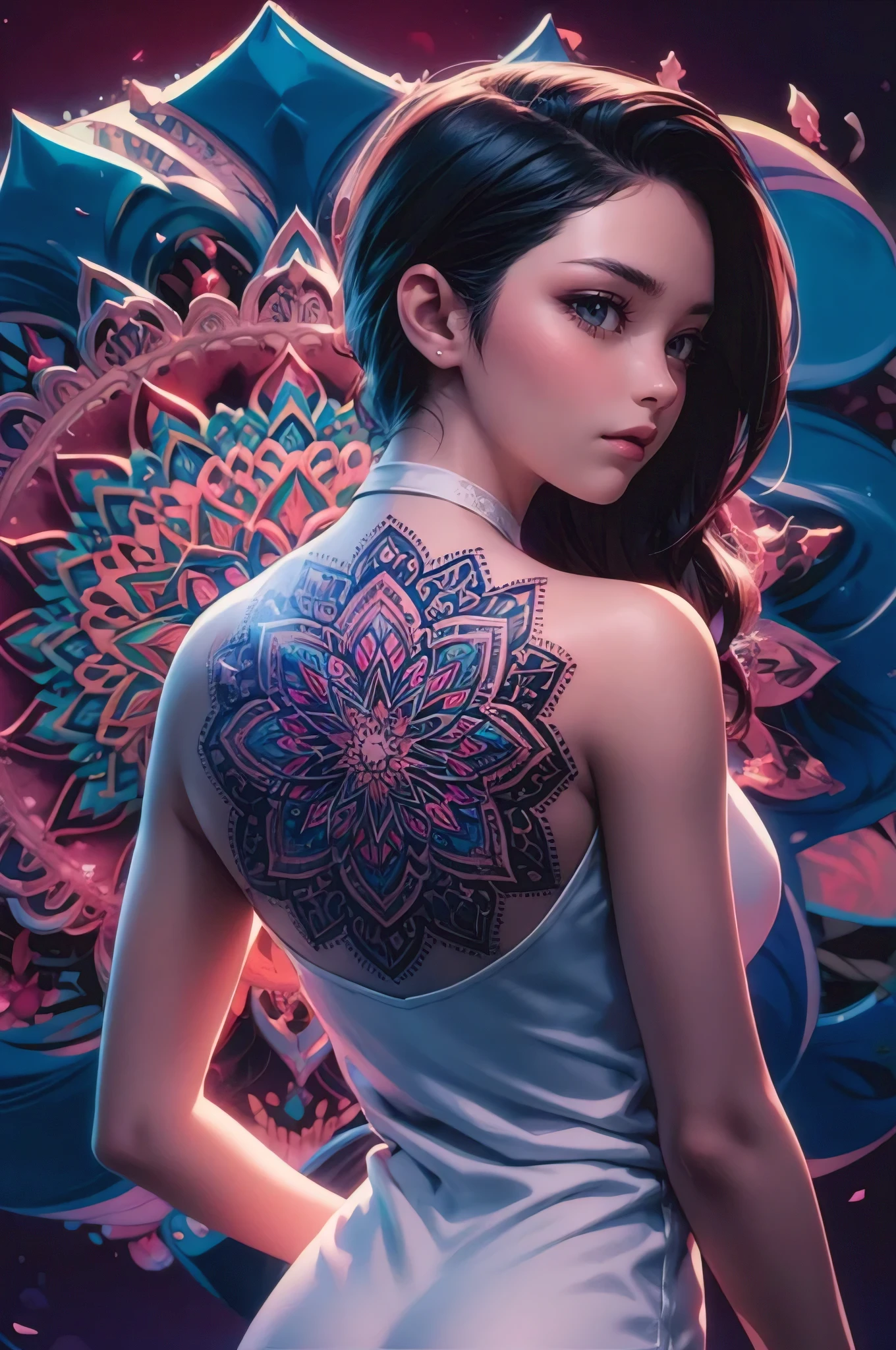 A stunning 3D anime-style render of a beautiful woman with a mesmerizing mandala tattoo on her back. The mandala features intricate, colorful patterns with a blend of traditional and modern designs. The woman has long, flowing dark hair and wears a sleeveless white top that shows off her toned shoulders. The background is a blend of deep purples and blues, with a sense of depth and dimension, enhancing the 3D effect., 3d render, anime