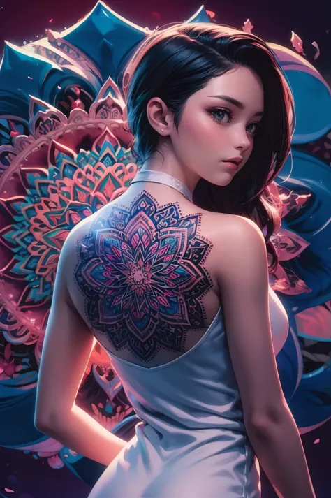 A stunning 3D anime-style render of a beautiful woman with a mesmerizing mandala tattoo on her back. The mandala features intric...