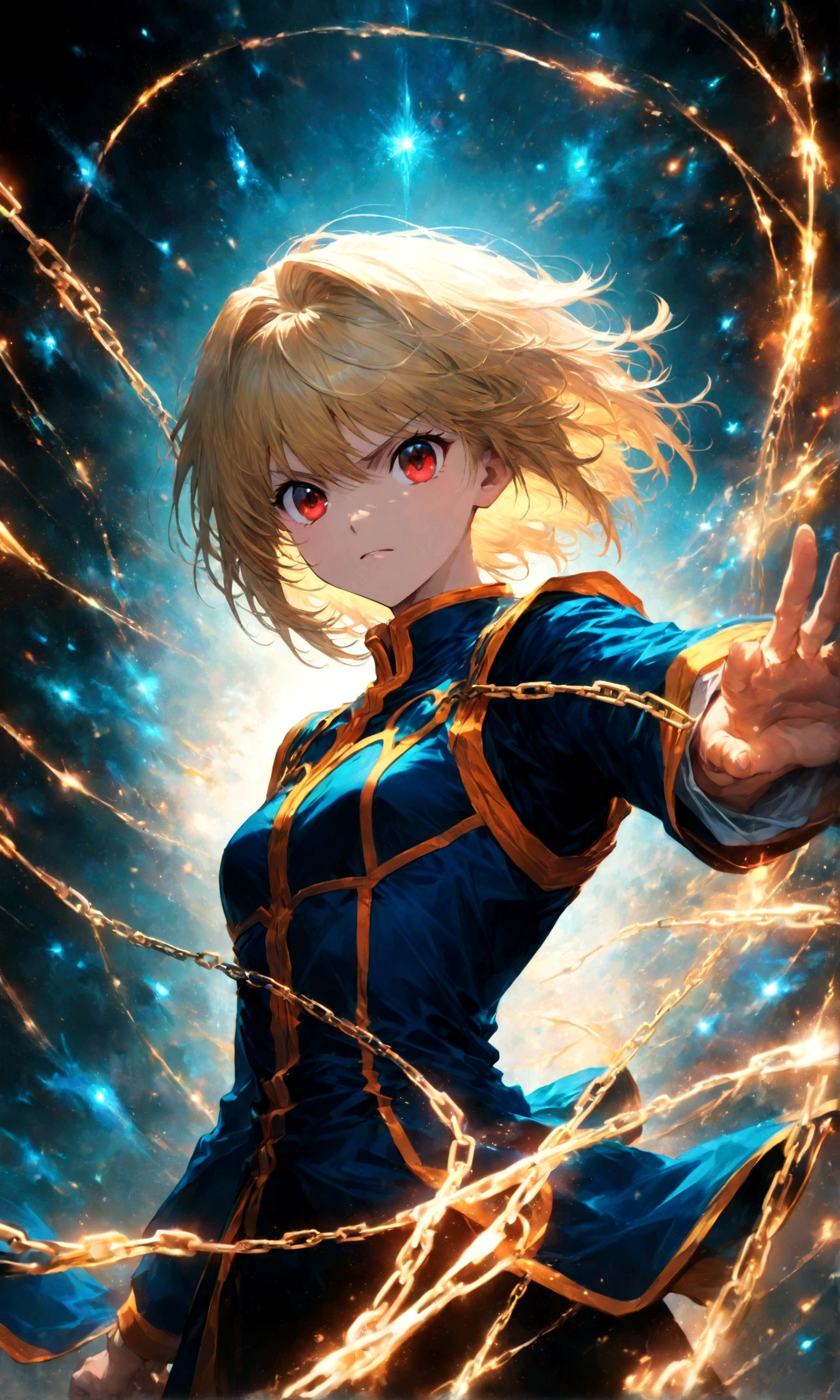 1 male,Kurapika,Hunter x Hunter,,Kurapikaの衣装,Blonde,Scarlet Eyes,Intricate details,Use black and white as your main colors,,artwork,rendering,,(masterpiece:1.3),(highest quality:1.4),(ultra detailed:1.5),High resolution,extremely detailed,unity 8k wallpaper,Dark fantasy,Brush strokes,Glare,Battle Style,Expressing quiet anger,Use a chain,Impressive drawing with thick lines